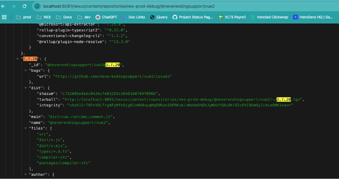 Sonatype Nexus 2 package listing page showing full package versions including non-trial versions like Vue 2.7.20